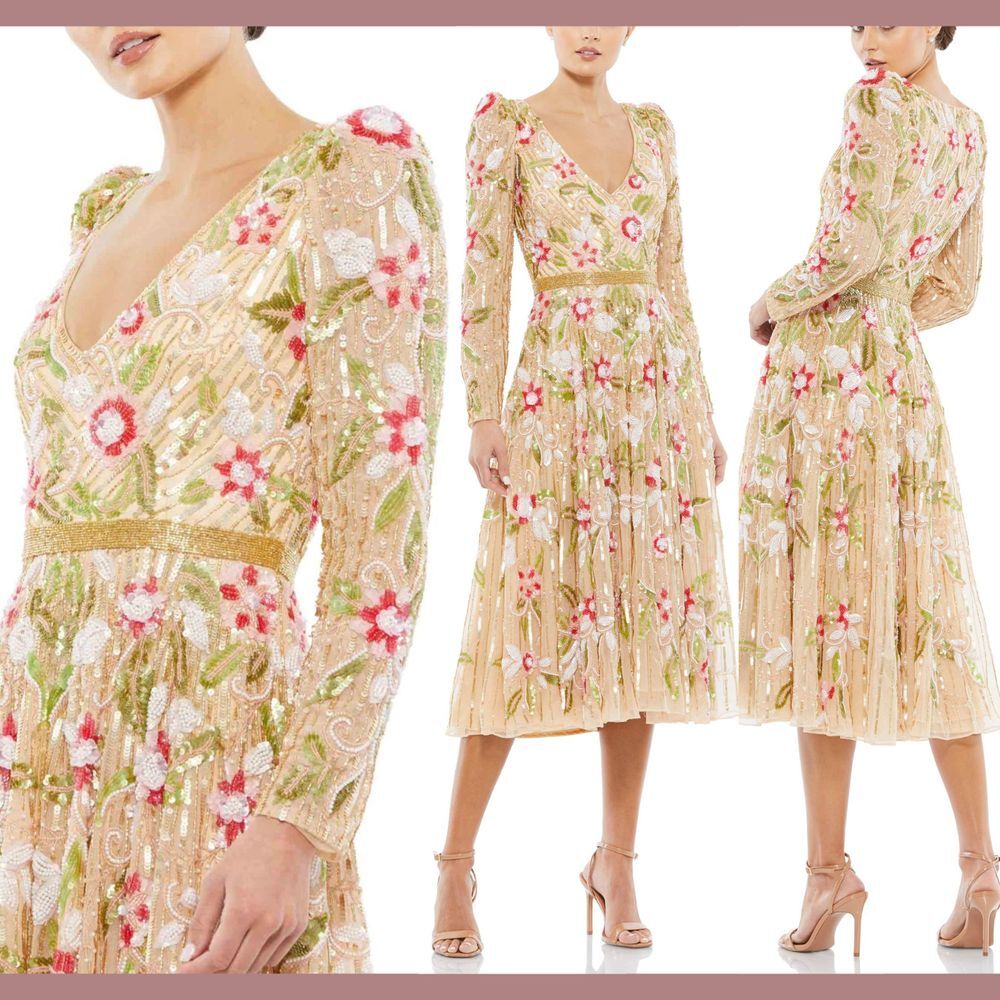 NWT Mac Duggal [ 10 ] 5415 Long Sleeve Floral Beaded Midi Tea Dress‎ Nude Gold
